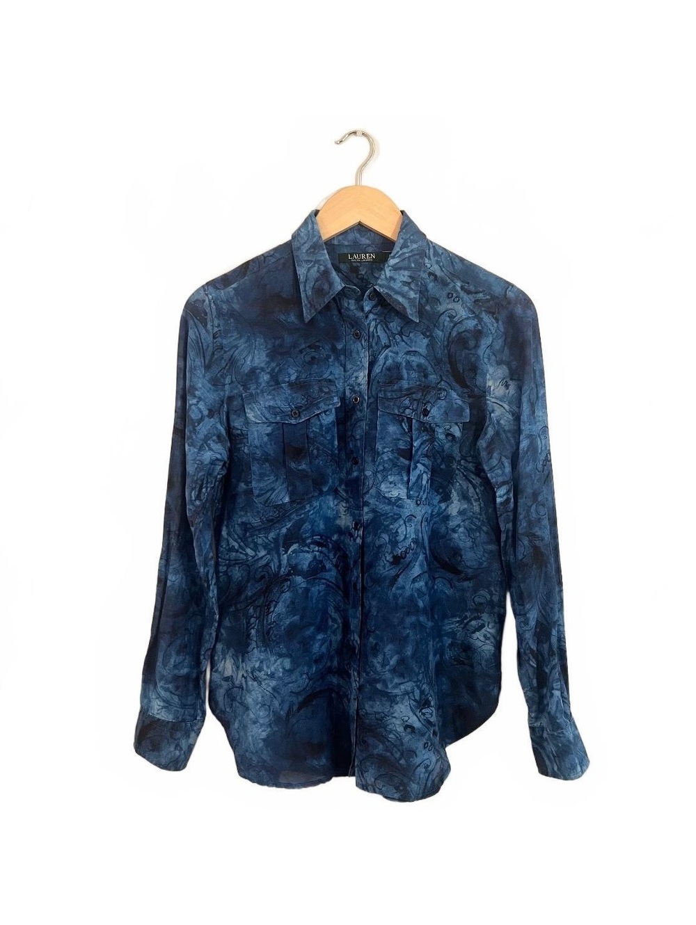 Ralph Lauren Blue Silk Tie Dye Button Up Shirt Corporate Chic Workwear